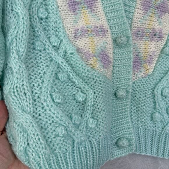Vtg Hand Knit Cardigan Sweater Womens Medium Pastel Aqua Chunky Grandma 90s 80s - Picture 3 of 11